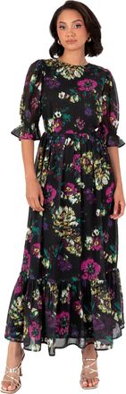 Lovedrobe Womens Midaxi Dress Ladies Short Puff Sleeve Round Neck Floral Chiffon Ruffle Tiered Bottom Hemline A-line Occasion, Black 10