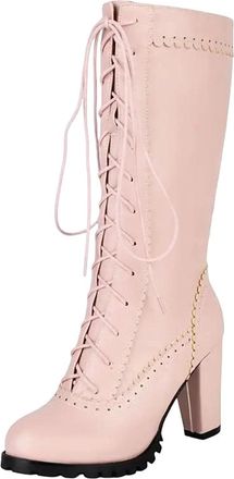 Generic Womens Mid Calf Boots Round Toe Super High Chunky Heel Platform With Side Zipper And Front Lace-Up Detail