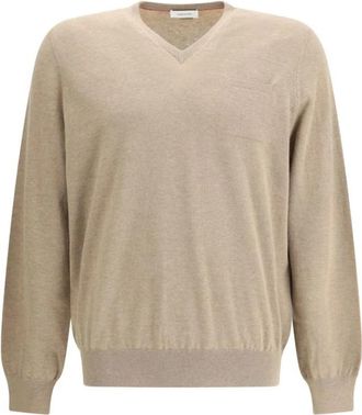 Ferragamo Trui met V-hals en zakdetail - Heren - V-hals truien - Beige - S - Wol - Truien & Vesten