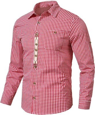 Generic Traditional German Oktoberfest Shirt, Mens Long Sleeve Checkered Button Front Top,Traditional Beer Festival Plaid Blouse for German Beer Festival,Hall