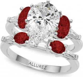 Allurez Pear Lab Grown Diamond & Oval Garnet Bridal Set in Platinum (4.97ct)