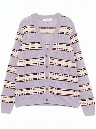 Maison Kitsuné Lilac Striped Textured Knit Cardigan With V-Neckline