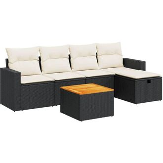 vidaXL Set De Sof&aacute;s De Jard&iacute;n 6 Piezas Y Cojines Rat&aacute;n Sint&eacute;tico Negro