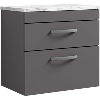 Nuie Nuie - Athena Wall Hung 2-Drawer Vanity Unit with Carrera Marble Worktop 600mm Wide - Gloss Grey