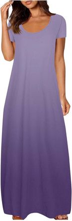 Generic Dresses for Women Maxi UK Summer Casual Long Dress Ladies Short Sleeve Round Neck Sundress Stretchy Loose Fit Plus Size Womens Clothing Party Dresses 