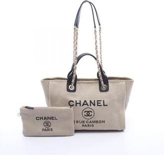 Chanel Beige Black Canvas Leather Handbag Pouch Tote Bag (Pre-Owned)