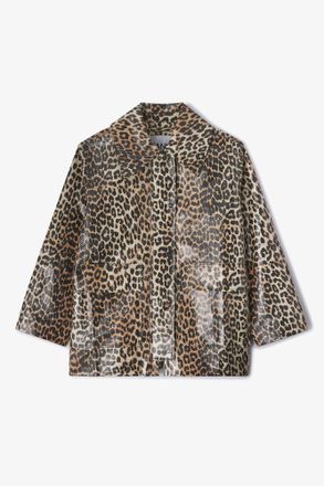Ganni Brown Leopard Laminated Cotton Jacket - Size XXS/XS Organic