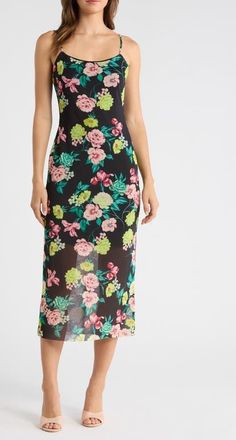 Steve Madden Giselly Floral Print Georgette Slipdress in Black Ditsy Floral at Nordstrom, Size X-Small