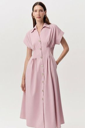 Exquise Reilly Shirt Collar Elastic Waist Midi Dress in Pink at Nordstrom, Size Xx-Large