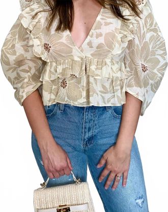 Olivaceous Sweet Ruffle V-Neck Top In Cream