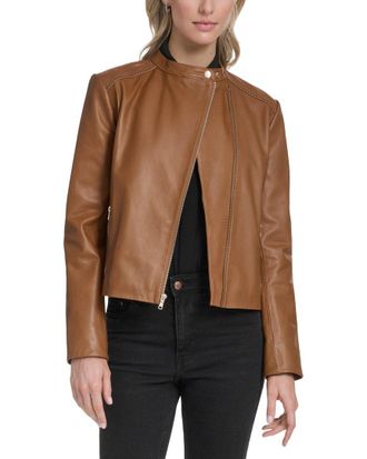 Cole Haan Stand Collar Leather Racer Jacket