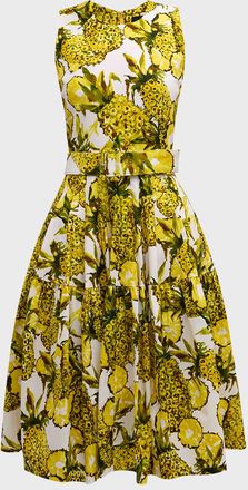 Samantha Sung Rose Belted Pineapple-Print A-Line Dress