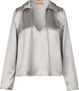 Stine Goya Satijnen Shirt met Strikkoord V-Hals - Dames - Blouses - Grijs - S - Satijn - Overhemden
