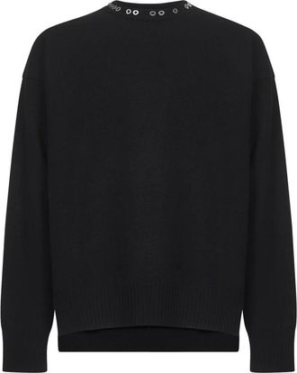 Jil Sander Zwarte wollen trui met metalen versiering - Heren - Ronde hals truien - Zwart - L - Wol - Truien & Vesten
