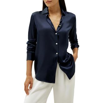 LilySilk Elegant Button Up Silk Shirt in Navy Blue at Nordstrom, Size Small