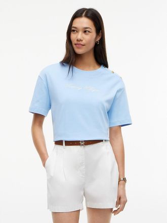 Tommy Hilfiger Womens Script Logo Cotton Interlock T-Shirt - Vessel Blue - XXL