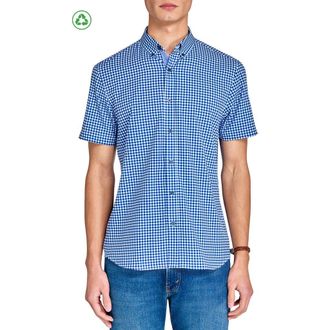 ConStruct Slim Fit Mini Check Recycled 4-Way Stretch Performance Short Sleeve Shirt in White/blue at Nordstrom, Size Xx-Large