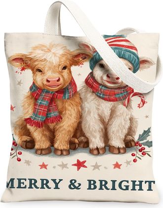 Generic Holiday Animal Canvas Tote Bags, Adorable Cow Design Reusable Grocery Bags, Christmas Lightweight Washable Shoulder Strap C, Beige, 13x15 Inch