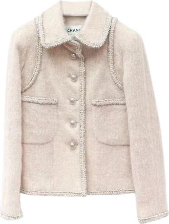 Chanel Beige Wool Jacket with Pearl Button Detail Size 38