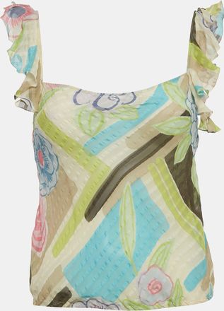 Moschino Multicolor Printed Silk Ruffe Sleeve Sheer Top