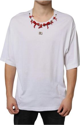 Dolce & Gabbana T-shirt met halsketting - Heren - T-shirts - Wit - 4XL - Katoen - Tops
