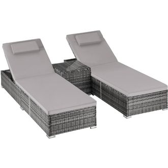 TecTake Carbonera Rattan Double Lounge Chair with Table, Adjustable Backrest in Grey | Size: 2 Seater
