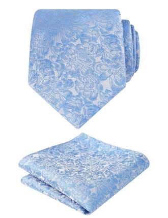 Alizeal Mens 8cm Floral Necktie with Hanky Classic Fashion Business Tie and Handkerchief Set, Light Blue