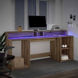 Berkfield Home Soft Desk with LED Lights Artisian Oak 200x55x91 cm Engineered Wood in Brown | Size: 200 x 55 x 91 cm