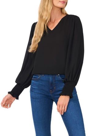 CeCe by Cynthia Steffe Smocked Cuff V-Neck Top in Rich Black at Nordstrom, Size X-Large