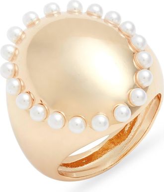 Open Edit Faux Pearl Border Signet Ring in White- Gold at Nordstrom, Size 9