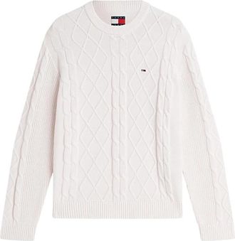 Tommy Jeans Flag Cable Knit Jumper - Heren - Ronde hals truien - Wit - S - Katoen - Truien & Vesten