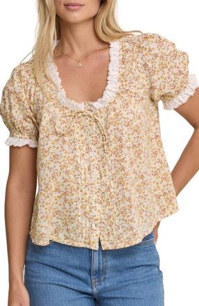 Nobody's Child Lumi Floral Eyelet Trim Button-Up Top in Yellow at Nordstrom, Size X-Small