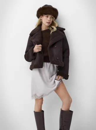 Vero Moda Womens Faux-shearling notched collar cropped coat