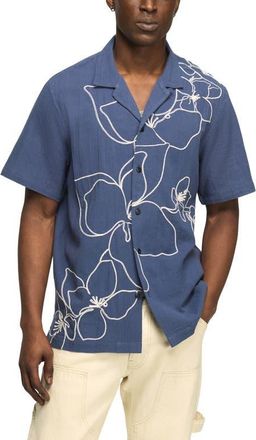 Lucky Brand Floral Embroidered Cotton Camp Shirt in 458 Blue at Nordstrom, Size X-Large