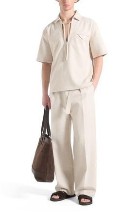 Mani&egrave;re De Voir Loic Wide Leg Textured Trousers with Belt in Cream at Nordstrom, Size 32