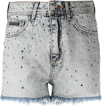 Philipp Plein logo-patch crystal-embellished shorts - women - Cotton/Polyester/Cotton - 28 - Blue