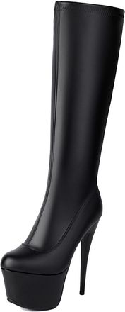 Generic Womens Stiletto High Heel Knee High Boots Round Toe Long Boots Patent Leather Platform Boot with Side Zipper,Black2,8.5 UK