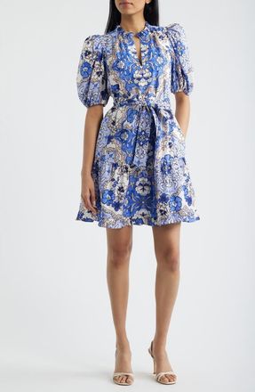 Vince Camuto Puffy Sleeve Print Minidress in Blue Multi at Nordstrom, Size 16