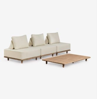 Sklum Conjunto De Jard&iacute;n Con Sof&aacute; Modular De 3 Piezas Y Mesa De Centro 160x95 Cm En Acacia Portet Sklum