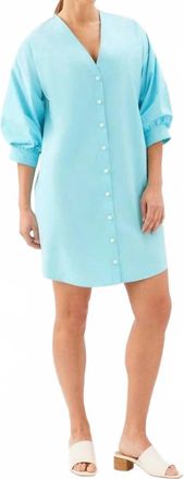 Karen Kane Lantern Sleeve Pearl Button-Front Dress In Aqua