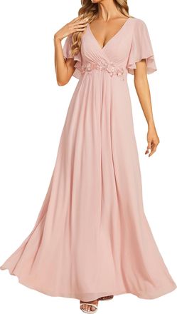 Ever-pretty Womens Chiffon V Neck Short Sleeves Appliques Evening Dresses Pink Bridesmaids 16UK