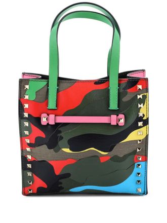 Valentino Garavani Rockstud Open Camo Leather and Canvas Small tote bag - Groen