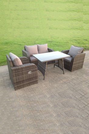 Fimous PE Rattan Garden Furniture Set Adjustable Chair Sofa Double Love Seat 2 Seater Sofa Oblong Rectangular Dining Table in Dark Grey
