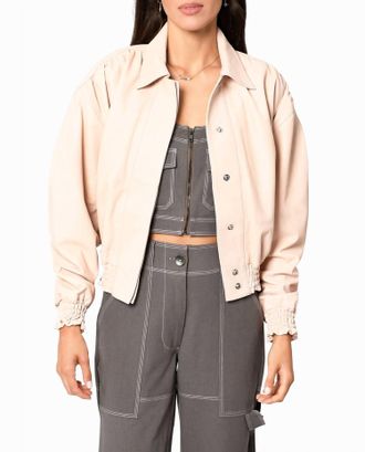 Nicole Miller Collared Leather Jacket In Blush