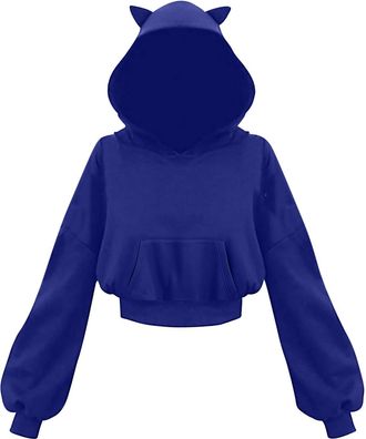 Generic Royal Blue Cat Cropped for Ladies Fall Winter Lantern Long Sleeve Pullover Vintage Goth Grunge Kawaii with Hood Hooded Outfits Sweatshirts Womens 2025