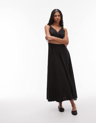 Topshop Vestito midi a godet in popeline e pizzo nero