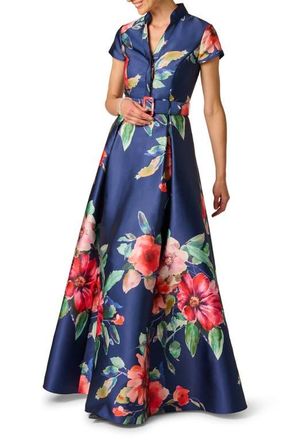 Adrianna Papell Floral Belted Mikado Gown in Navy Multi at Nordstrom, Size 12