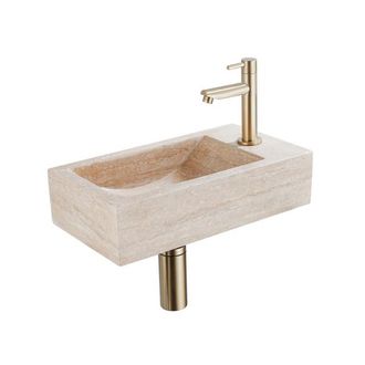 Saniclass Fuente Fonteinset - 40x22x10cm - kraangat rechts - fonteinkraan geborsteld messing PVD - afvoerplug - verlaagd sifon - gemeleerd natuursteen