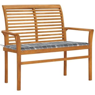 vidaXL Banco De Jard&iacute;n Madera De Teca Con Coj&iacute;n A Cuadros Gris 112 Cm Vidaxl