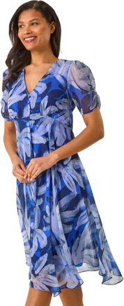 Roman Womens Abstract Floral Print Hanky Hem Dress - Blue - Size 12 UK